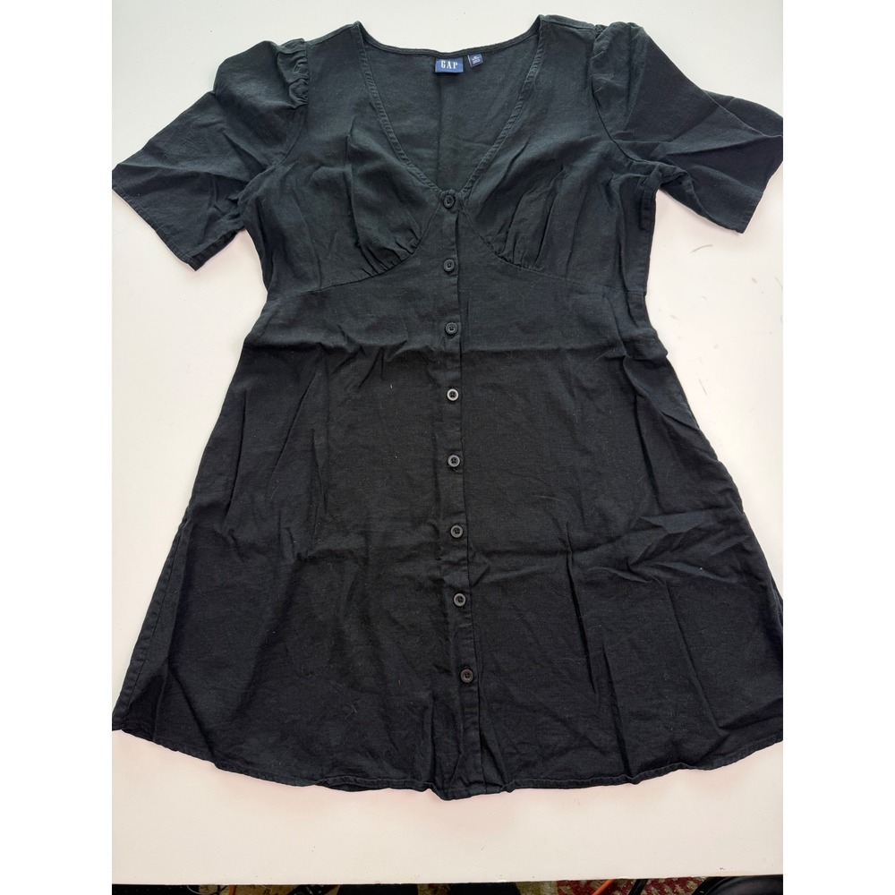 Gap Black Linen Cotton Blend Button Front Puff Sleeve Mini Dress Petite M